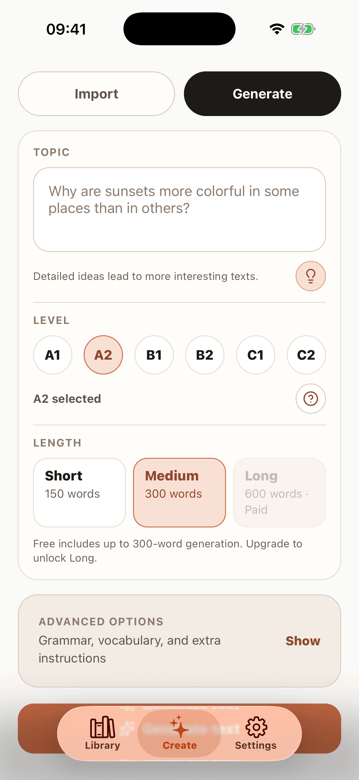 Palabruno iPhone generate screen with topic, level, and lesson settings filled in.