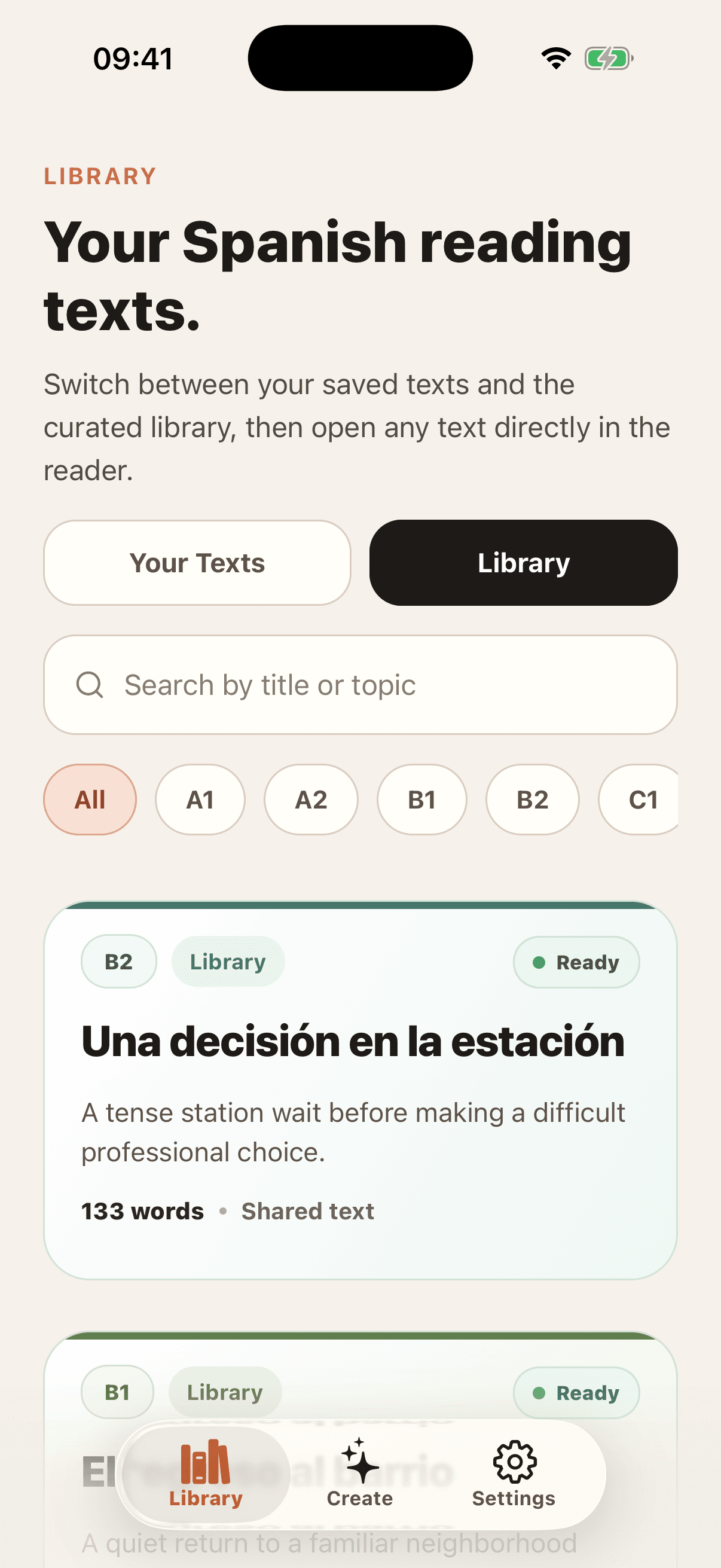 Palabruno iPhone library screen showing saved Spanish reading texts.