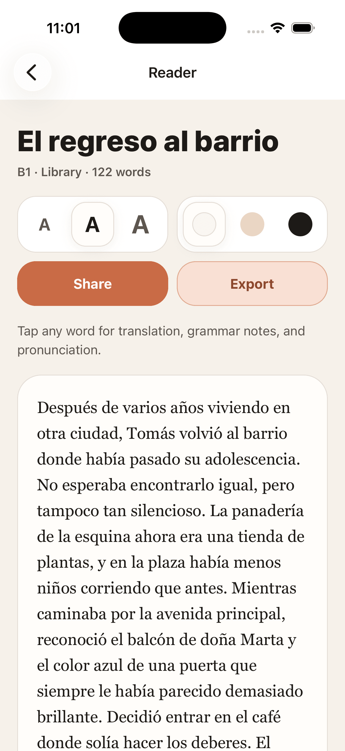 Palabruno iPhone reader screen showing a saved Spanish reading text.