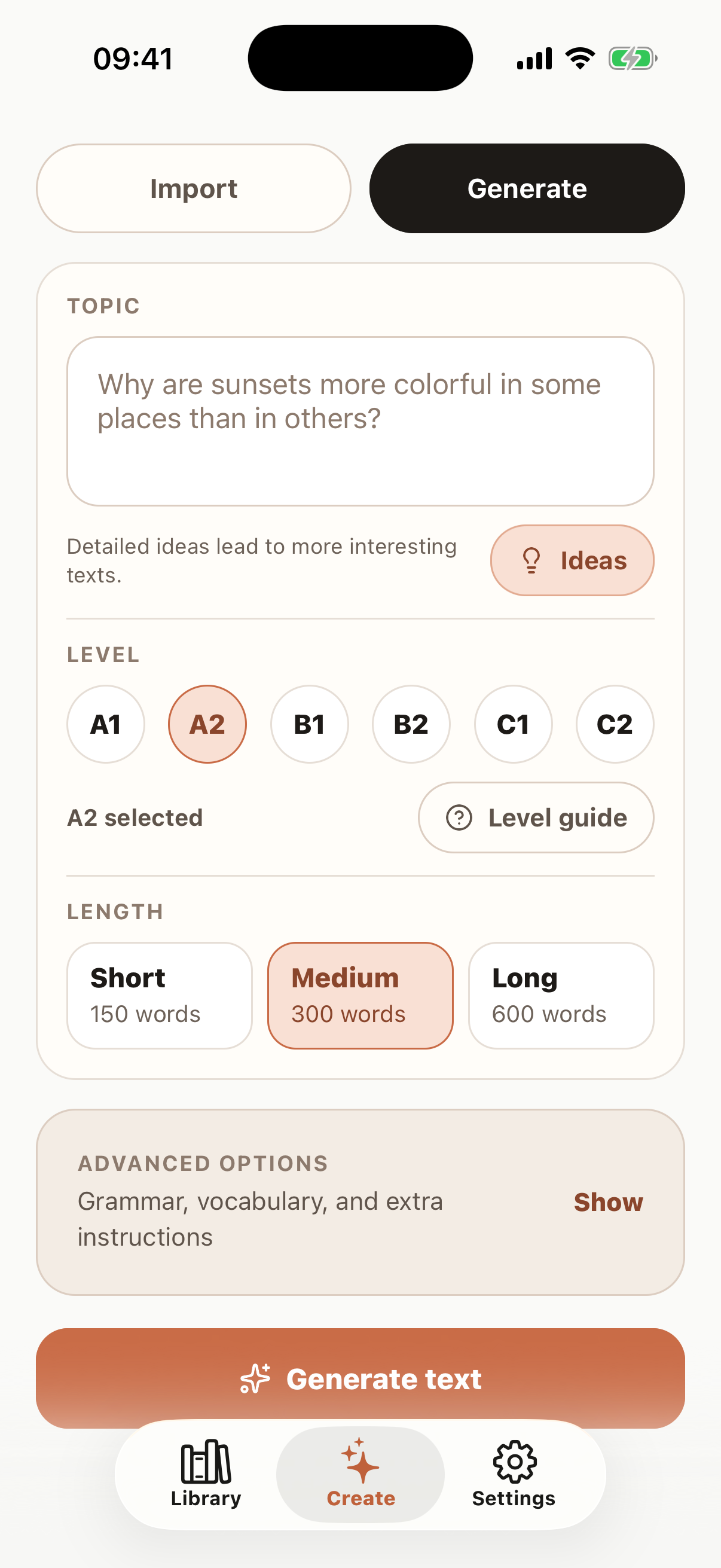 Palabruno iPhone generate screen with topic, level, and the Long length option available.