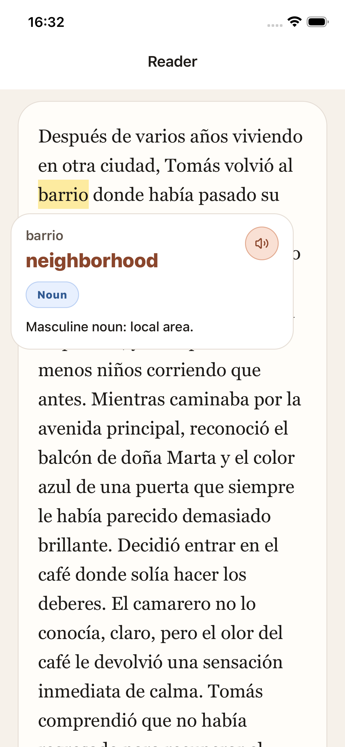 Palabruno iPhone reader screen with a tapped word gloss open inside the reading flow.