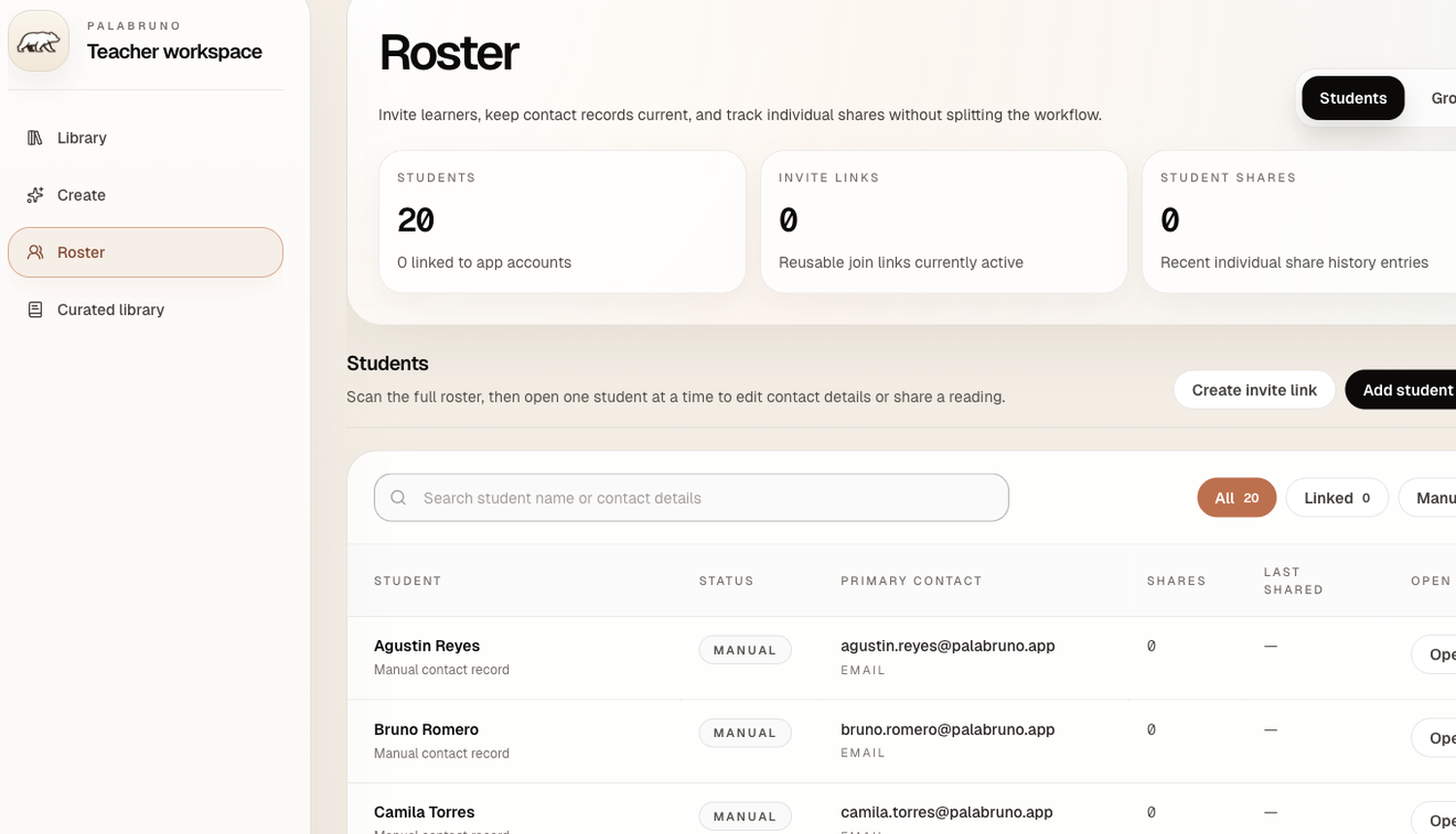 Palabruno teacher workspace showing the roster page with student totals, invite actions, search, and realistic student contact records.